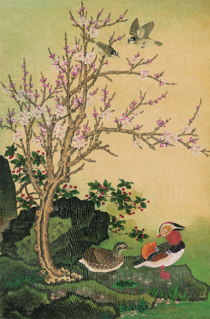 1陈佩秋《鸳鸯杏花》 设色绢本 镜框 115×75cm 1958年作.jpg
