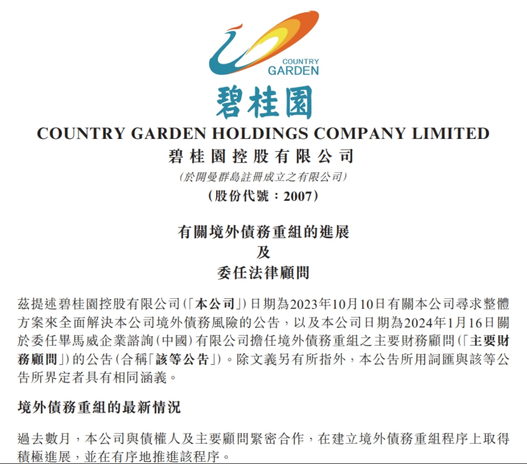 碧桂园公告境外债务重组新进展！已成立项目小组