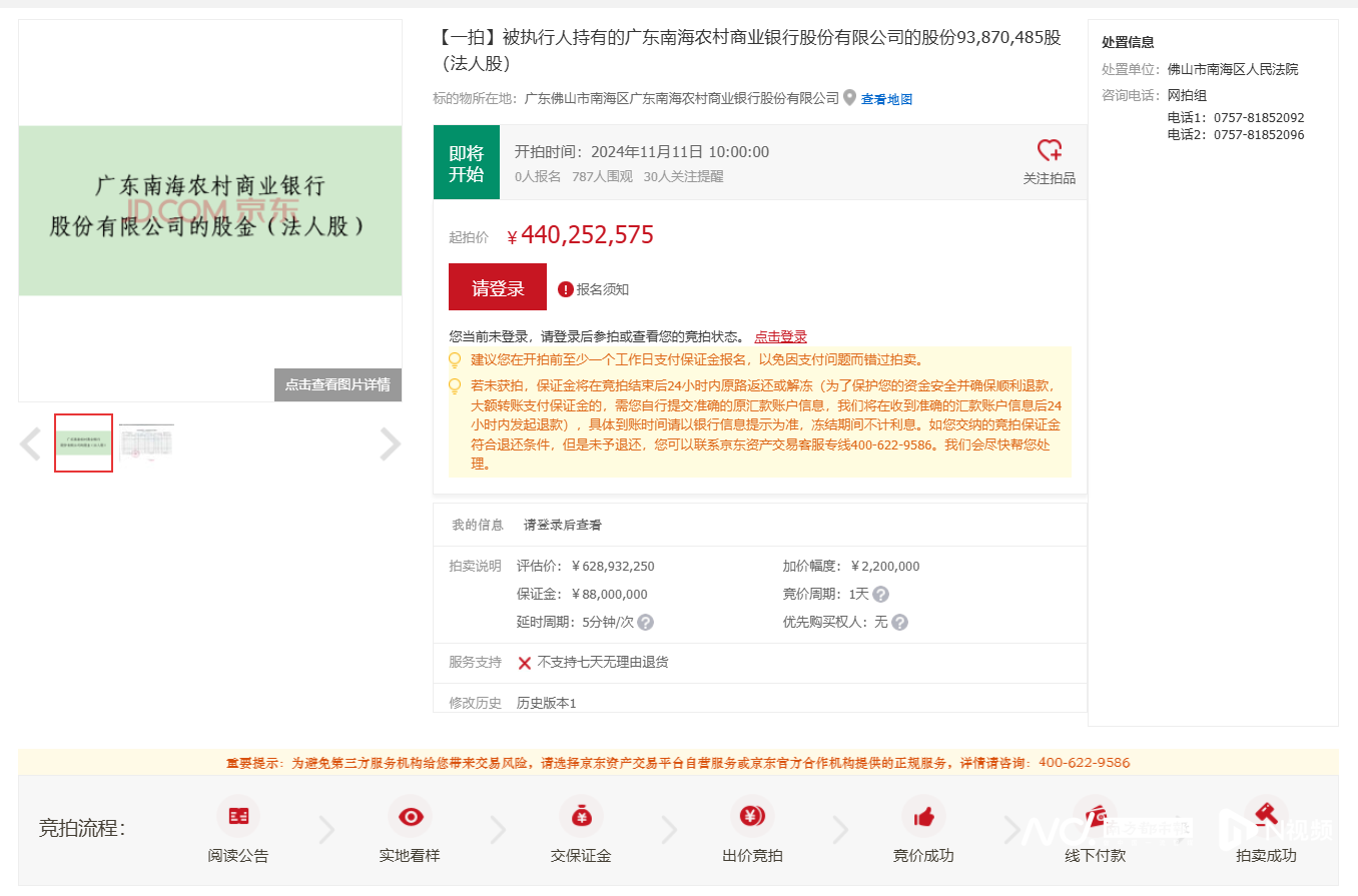 起拍价4.4亿！南海农商行部分股权被法拍