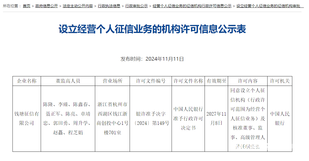 钱塘征信获批为第三家个人征信机构，蚂蚁集团为参股股东