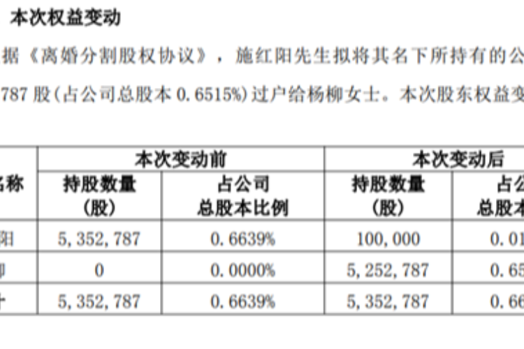 深圳一公司总裁离婚：分割近2亿股权，98%股票过户前妻